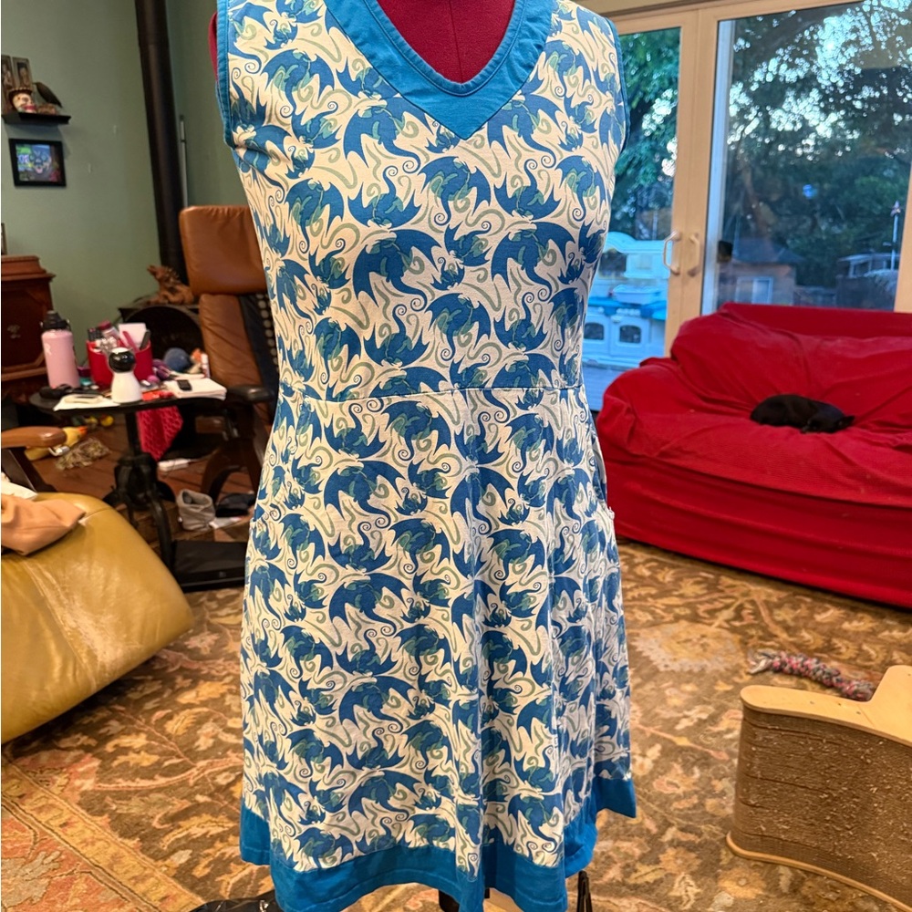 Blue and White Patterned Midi Dress